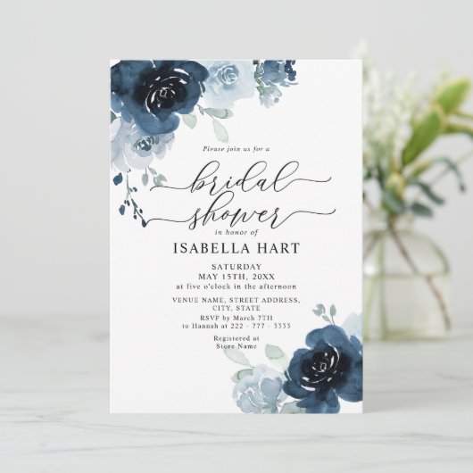 Dusty Blue Navy Floral Flowers Boho Vrijgezellenfe Kaart (Staand voorkant)