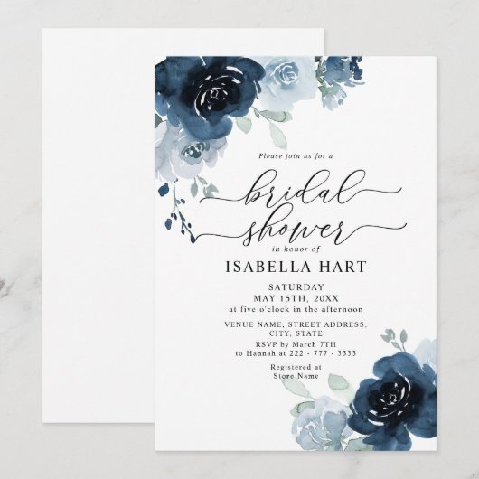 Dusty Blue Navy Floral Flowers Boho Vrijgezellenfe Kaart (Voorkant / Achterkant)