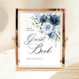 Dusty Blue Navy Floral Guest Book Wedding Table Reclamebord Met Voetstuk