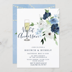 Dusty Blue Navy Floral Lights Brunch & Bubble Kaart