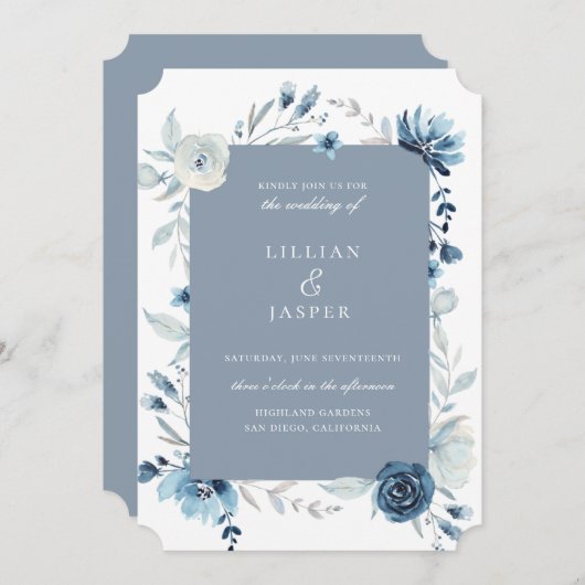 Dusty Blue Navy Floral Lijst bruiloft uitnodiging (Voorkant / Achterkant)