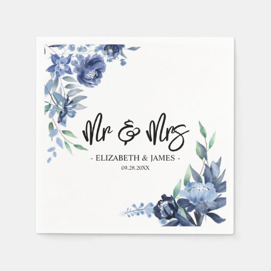 Dusty Blue Navy Floral Mr & Mrs Wedding Servet (Voorkant)