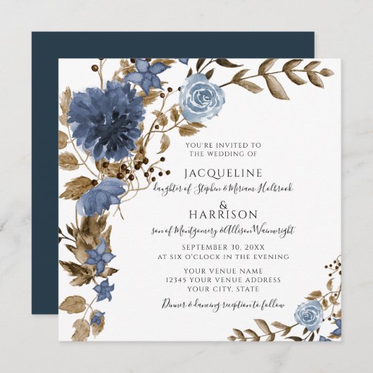 Dusty Blue Navy Floral Rustic Foliage Wedding Kaart (Voorkant / Achterkant)