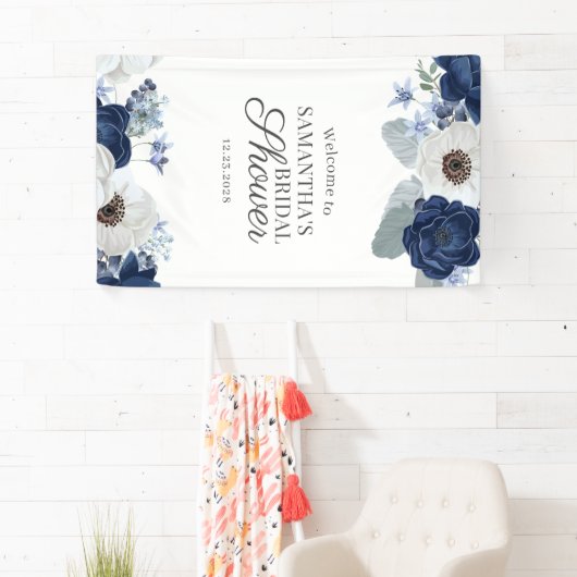 Dusty Blue Navy Floral Vrijgezellenfeest Script Spandoek (Insitu)