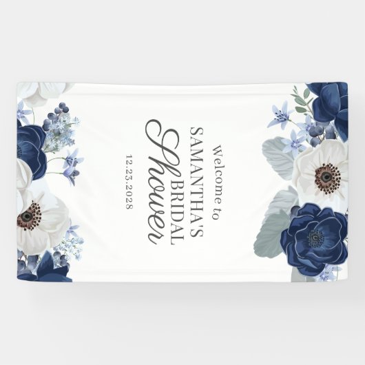 Dusty Blue Navy Floral Vrijgezellenfeest Script Spandoek (Horizontaal)