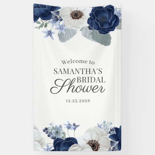 Dusty Blue Navy Floral Vrijgezellenfeest Script Spandoek (Verticaal)