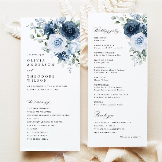 Dusty Blue Navy Floral Watercolor Wedding Ceremony Programmakaart