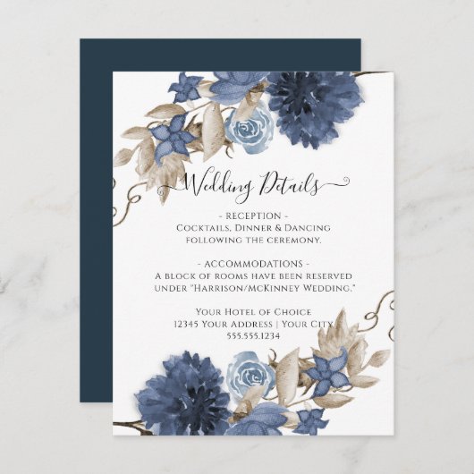 Dusty Blue Navy Floral Waterverf bruiloft details Kaart (Voorkant / Achterkant)