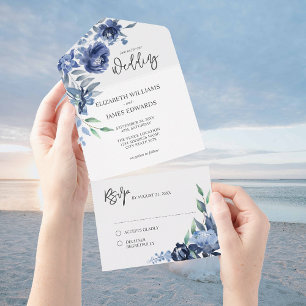 Dusty Blue Navy Floral Wedding All In One Uitnodiging