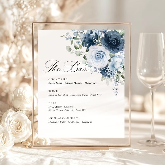 Dusty Blue Navy Floral Wedding Bar Menu Template Reclamebord Met Voetstuk