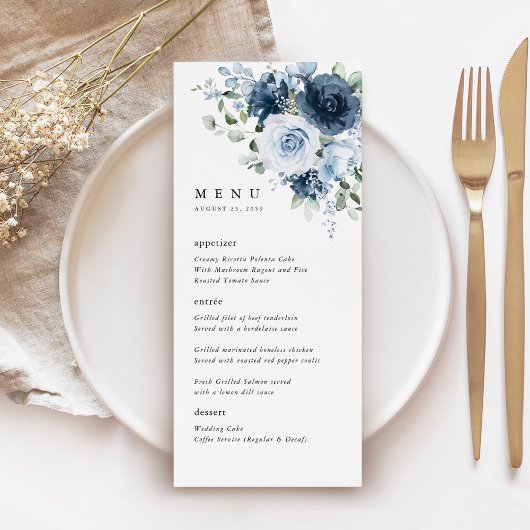 Dusty Blue Navy Floral Wedding Reception Dinner Menu