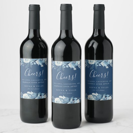 Dusty Blue Navy Floral Wedding Wijn Etiket (Flessen)