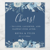 Dusty Blue Navy Floral Wedding Wijn Etiket (Enkel label)