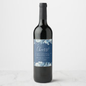 Dusty Blue Navy Floral Wedding Wijn Etiket (Voorkant)