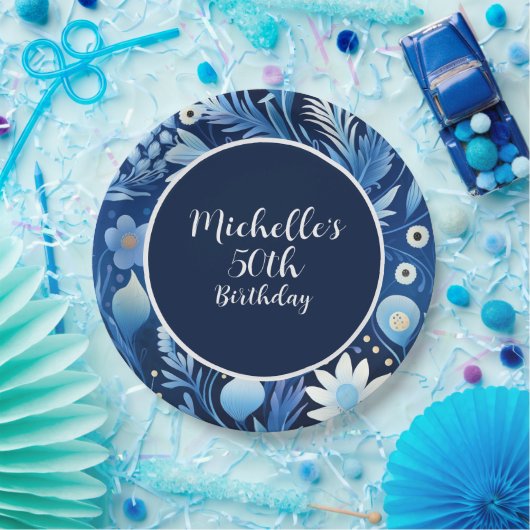Dusty Blue Navy Flowers 50ste verjaardag Papieren Bordje (Feest)