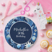 Dusty Blue Navy Flowers 50ste verjaardag Papieren Bordje (Feest)