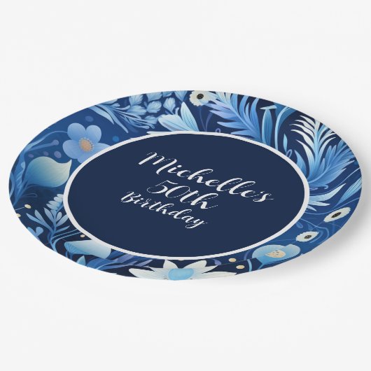Dusty Blue Navy Flowers 50ste verjaardag Papieren Bordje (Gekanteld)
