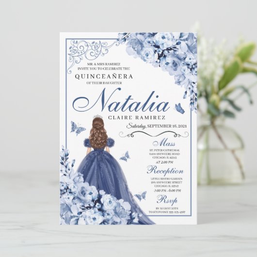 Dusty Blue Navy Flowers Tiara Quinceañera Kaart (Staand voorkant)