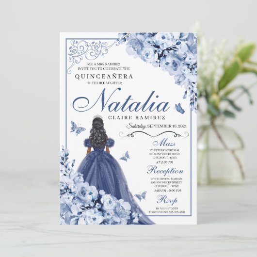 Dusty Blue Navy Flowers Tiara Quinceañera Kaart (Staand voorkant)