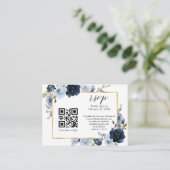 Dusty Blue Navy Gold Floral QR Code Weddenschap RS Informatiekaartje (Staand voorkant)
