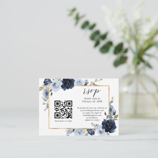 Dusty Blue Navy Gold Floral QR Code Weddenschap RS Informatiekaartje (Staand voorkant)