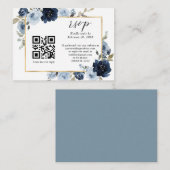 Dusty Blue Navy Gold Floral QR Code Weddenschap RS Informatiekaartje (Voorkant / Achterkant)