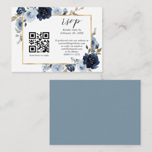 Dusty Blue Navy Gold Floral QR Code Weddenschap RS Informatiekaartje (Voorkant / Achterkant)
