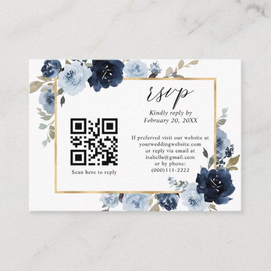 Dusty Blue Navy Gold Floral QR Code Weddenschap RS Informatiekaartje (Voorkant)