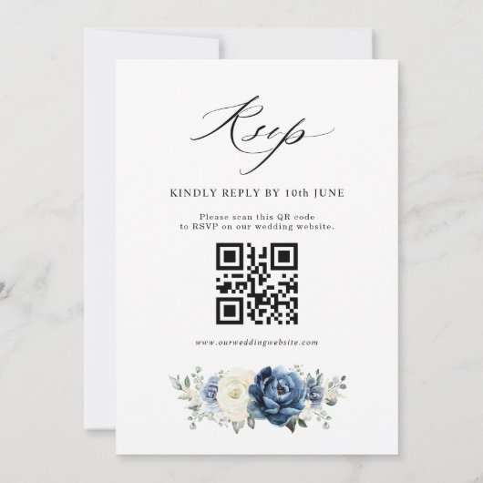 Dusty Blue Navy Ivoor Bloemen Boho Wedding QR Code Kaart (Achterkant)