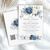 Dusty Blue Navy Ivoor Bloemen Boho Wedding QR Code Kaart