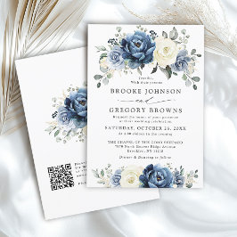 Dusty Blue Navy Ivoor Bloemen Boho Wedding QR Code Kaart