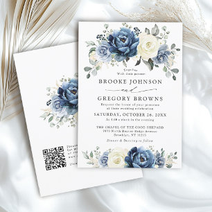 Dusty Blue Navy Ivoor Bloemen Boho Wedding QR Code Kaart