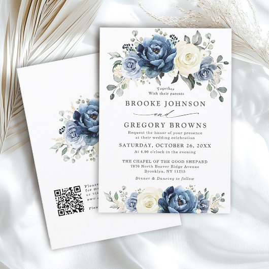 Dusty Blue Navy Ivoor Bloemen Boho Wedding QR Code Kaart