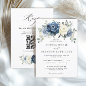 Dusty Blue Navy Ivoor Bloemen Boho Wedding QR Code Kaart