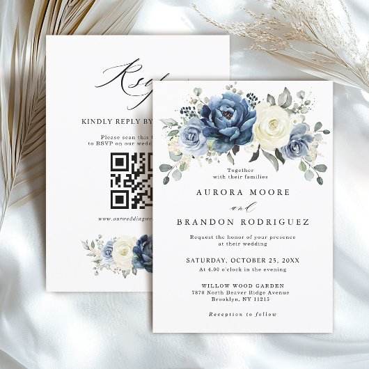 Dusty Blue Navy Ivoor Bloemen Boho Wedding QR Code Kaart
