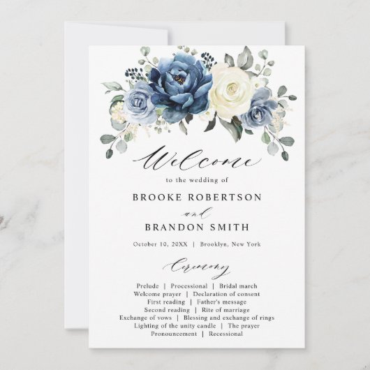 Dusty Blue Navy Ivoor Floral Wedding Program Kaart (Voorkant)