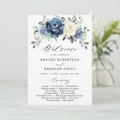 Dusty Blue Navy Ivoor Floral Wedding Program Kaart (Staand voorkant)