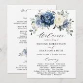 Dusty Blue Navy Ivoor Floral Wedding Program Kaart (Voorkant / Achterkant)