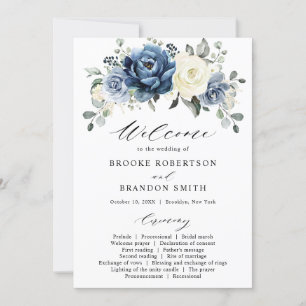 Dusty Blue Navy Ivoor Floral Wedding Program Kaart