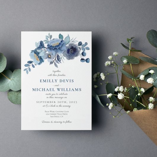 Dusty Blue Navy Ivory Floral Wedding Invitation Kaart
