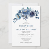 Dusty Blue Navy Ivory Floral Wedding Invitation Kaart (Voorkant)