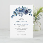 Dusty Blue Navy Ivory Floral Wedding Invitation Kaart (Staand voorkant)