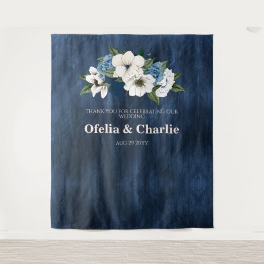 Dusty Blue Navy Ivory Floral Wedding Wall Wandkleed (Voorkant)