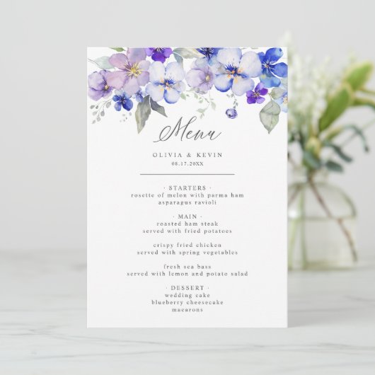 Dusty Blue Navy Lavendel Lila Bloemen Bruiloft Men Menu (Staand voorkant)