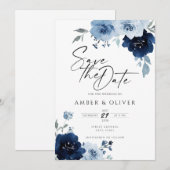 Dusty Blue Navy Light Floral Elegant Save the Date Kaart (Voorkant / Achterkant)
