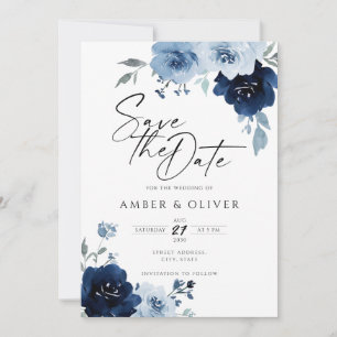 Dusty Blue Navy Light Floral Elegant Save the Date Kaart