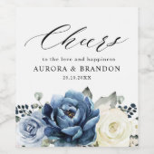 Dusty Blue Navy Mousserende Wijn Ivoor Bloemen Bru Wijn Etiket (Enkel label)