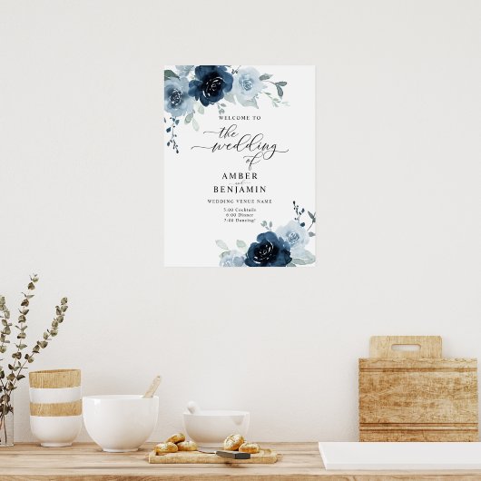Dusty Blue Navy Pastel Boho Floral Wedding Welkom Poster (Keuken)