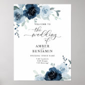 Dusty Blue Navy Pastel Boho Floral Wedding Welkom Poster (Voorkant)