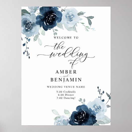 Dusty Blue Navy Pastel Boho Floral Wedding Welkom Poster (Voorkant)
